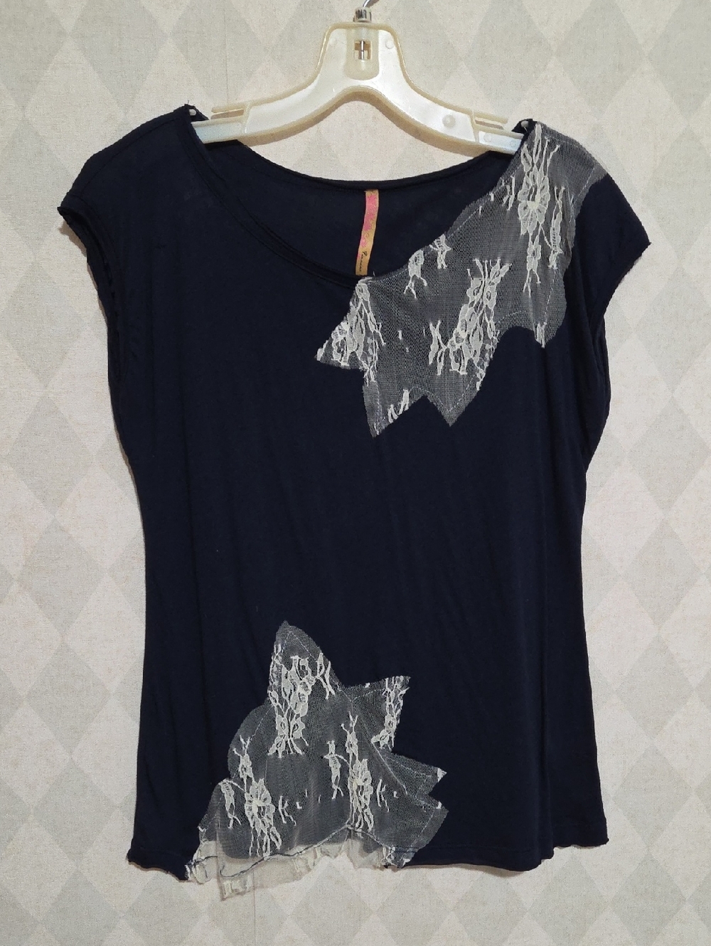 Women’s Black Short-Sleeve Tee with White Lace Accents